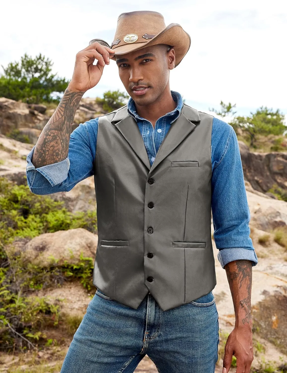 COOFANDY Men's Leather Suit Vest Casual Western Vest Jacket Lightweight V-Neck Dress Waistcoats