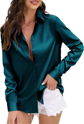 CUNLIN Womens Soft Satin Silk Leopard Button Down Shirts for Women Silky Long Sleeve Work Shirt Dress Blouses Tops