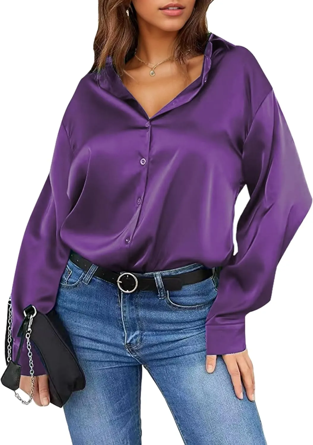 Damipow Satin Silk Button Down Shirts for Women Dress Shirts Long Sleeve Blouses Womens Shirts