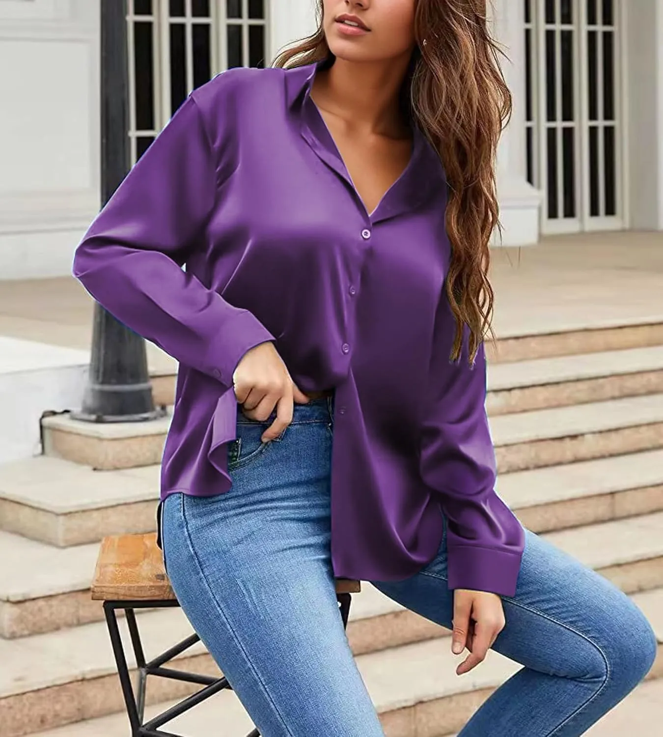 Damipow Satin Silk Button Down Shirts for Women Dress Shirts Long Sleeve Blouses Womens Shirts
