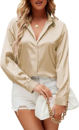 Damipow Satin Silk Button Down Shirts for Women Dress Shirts Long Sleeve Blouses Womens Shirts