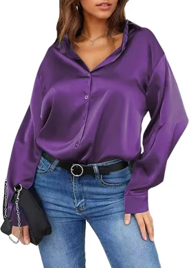 Damipow Satin Silk Button Down Shirts for Women Dress Shirts Long Sleeve Blouses Womens Shirts