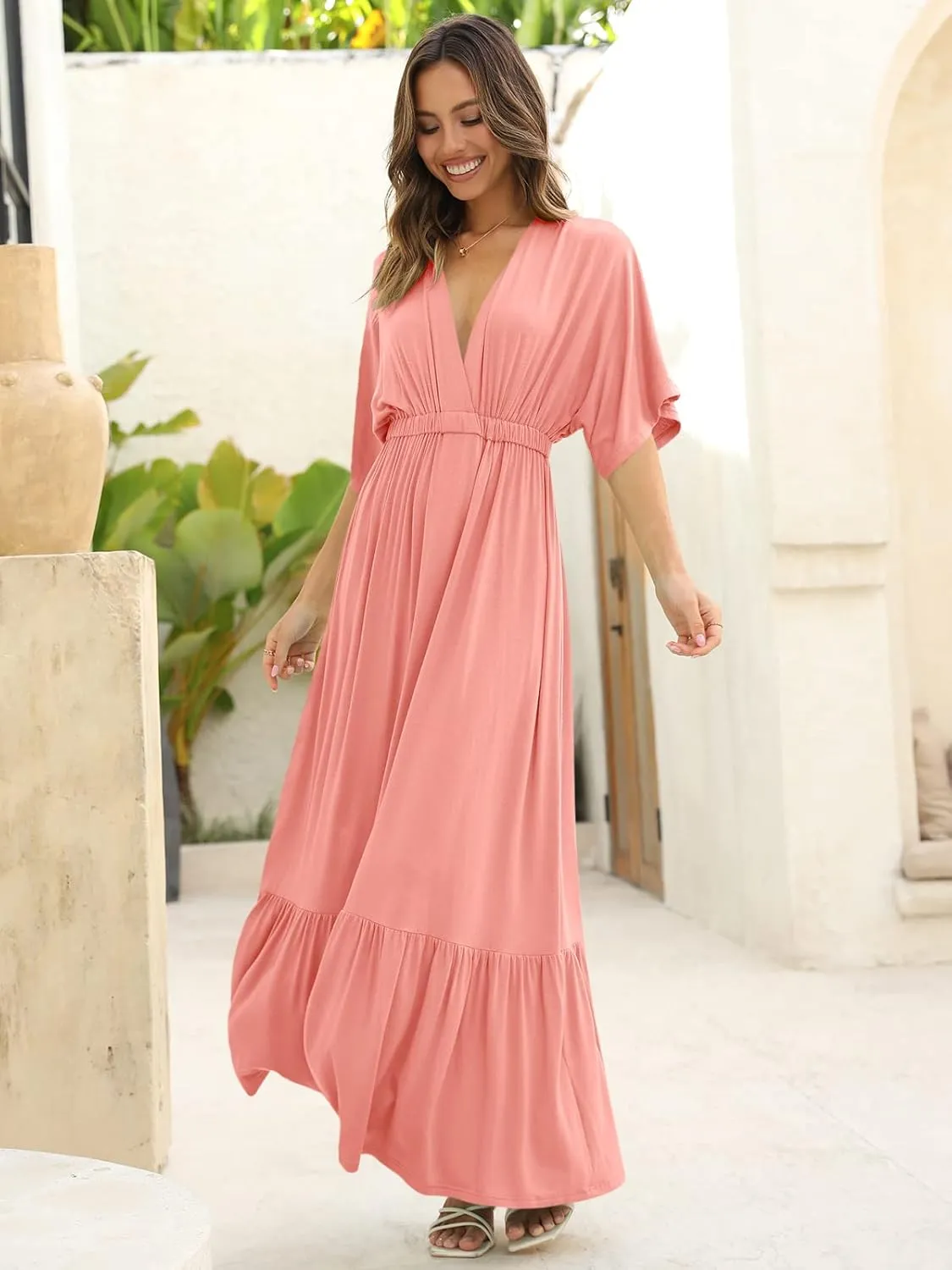 DEEP SELF Women’s Summer V Neck Batwing Short Sleeve Maxi Dress Casual Loose High Waist Flowy Long Beach Dress