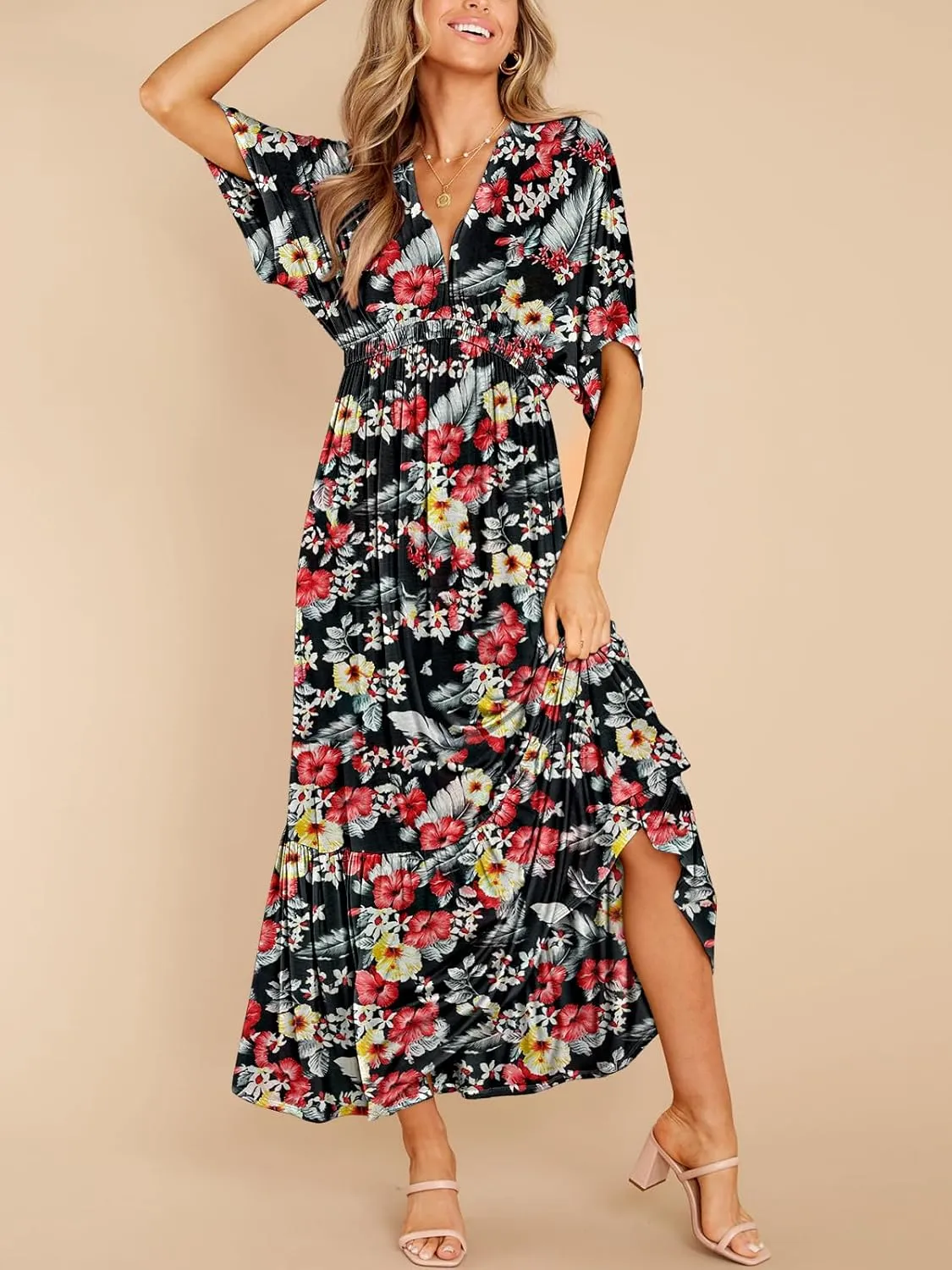 DEEP SELF Women’s Summer V Neck Batwing Short Sleeve Maxi Dress Casual Loose High Waist Flowy Long Beach Dress