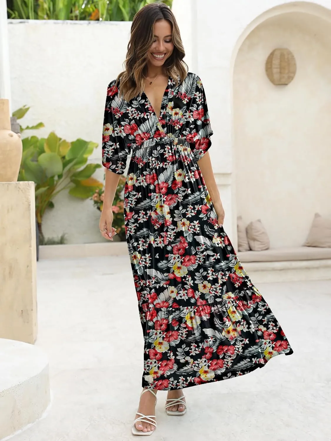DEEP SELF Women’s Summer V Neck Batwing Short Sleeve Maxi Dress Casual Loose High Waist Flowy Long Beach Dress