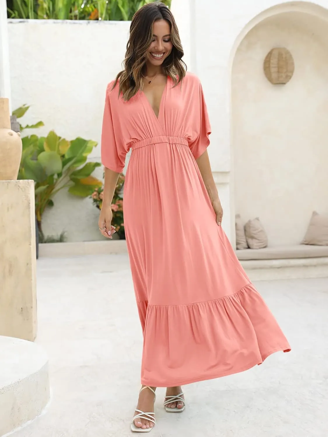 DEEP SELF Women’s Summer V Neck Batwing Short Sleeve Maxi Dress Casual Loose High Waist Flowy Long Beach Dress