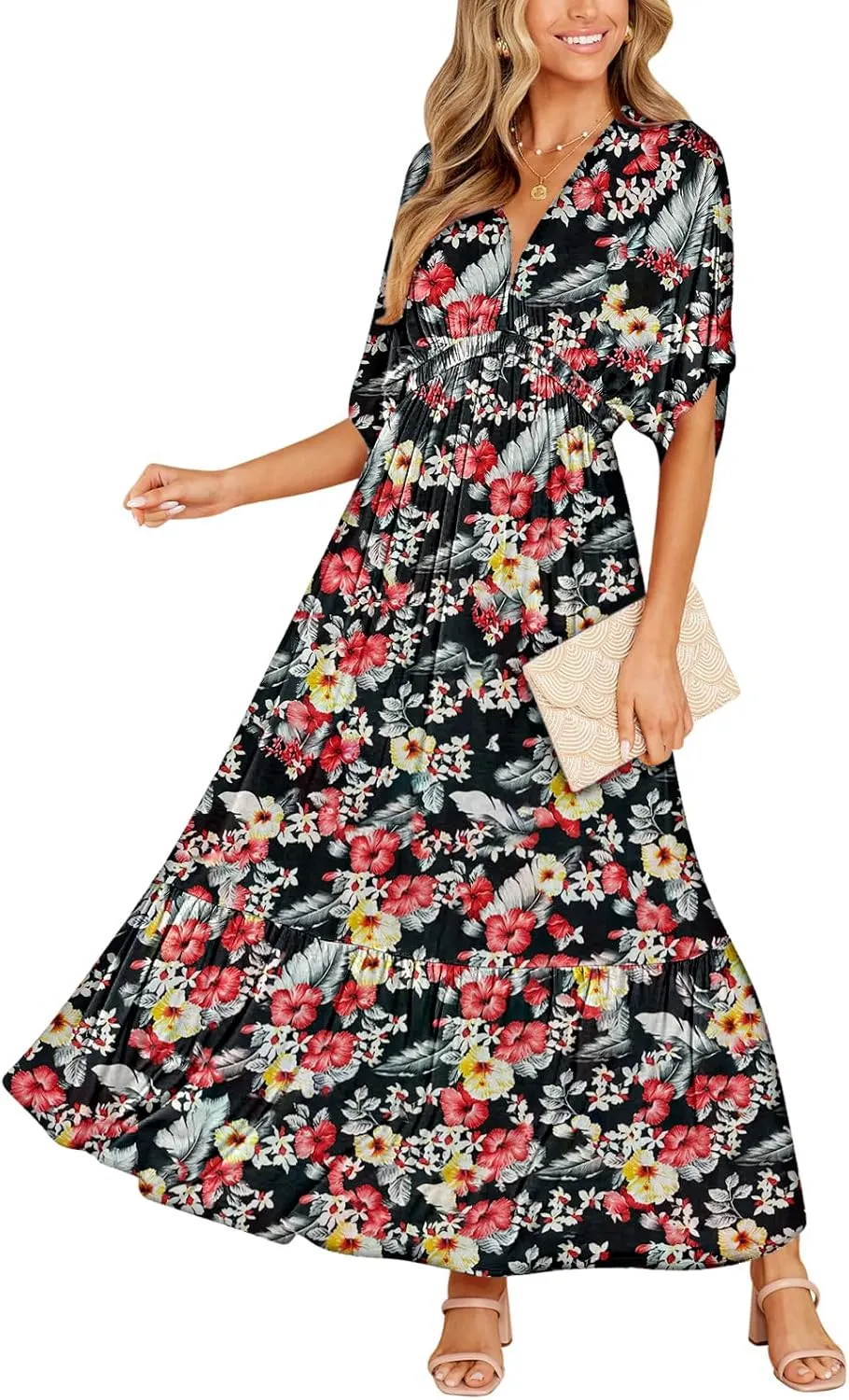 DEEP SELF Women’s Summer V Neck Batwing Short Sleeve Maxi Dress Casual Loose High Waist Flowy Long Beach Dress