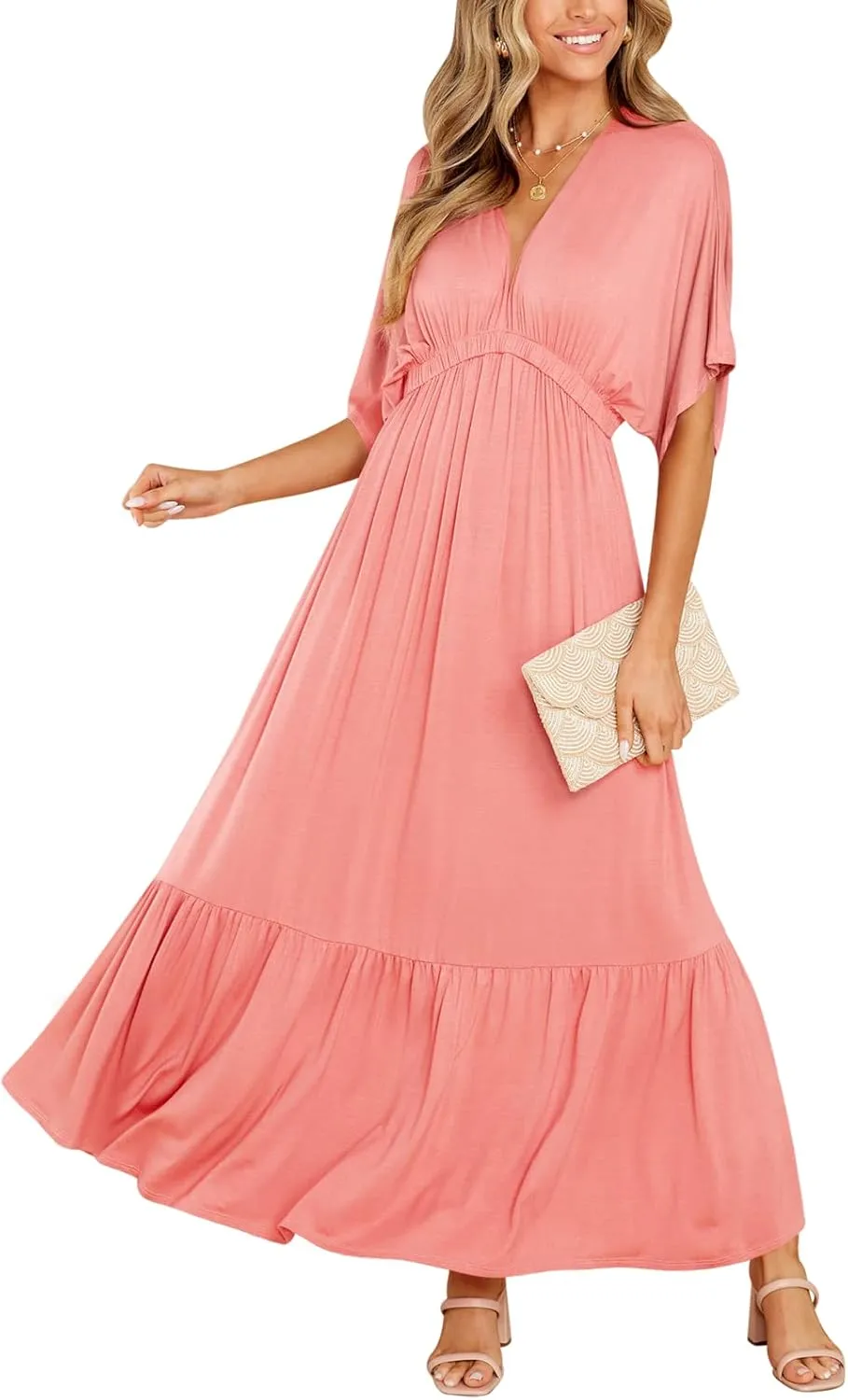 DEEP SELF Women’s Summer V Neck Batwing Short Sleeve Maxi Dress Casual Loose High Waist Flowy Long Beach Dress