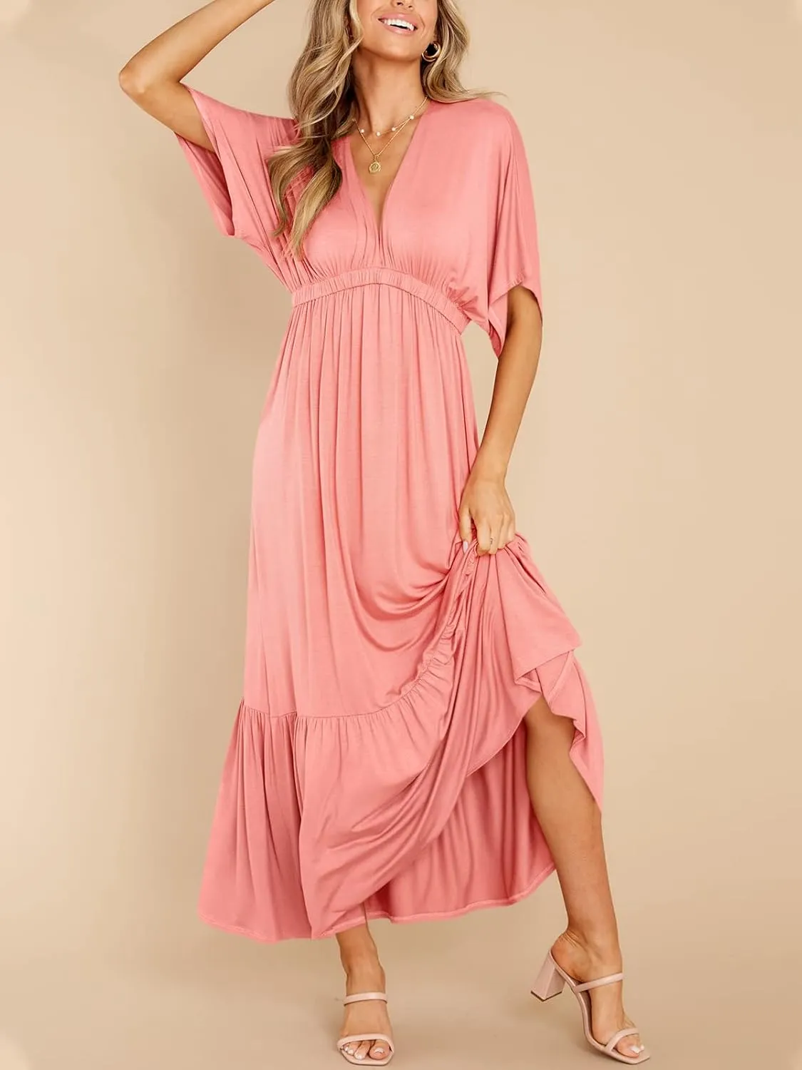 DEEP SELF Women’s Summer V Neck Batwing Short Sleeve Maxi Dress Casual Loose High Waist Flowy Long Beach Dress