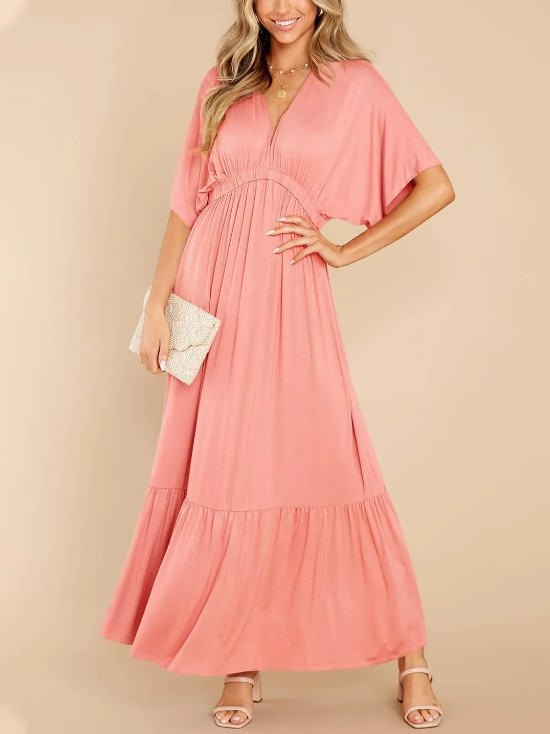 DEEP SELF Women’s Summer V Neck Batwing Short Sleeve Maxi Dress Casual Loose High Waist Flowy Long Beach Dress