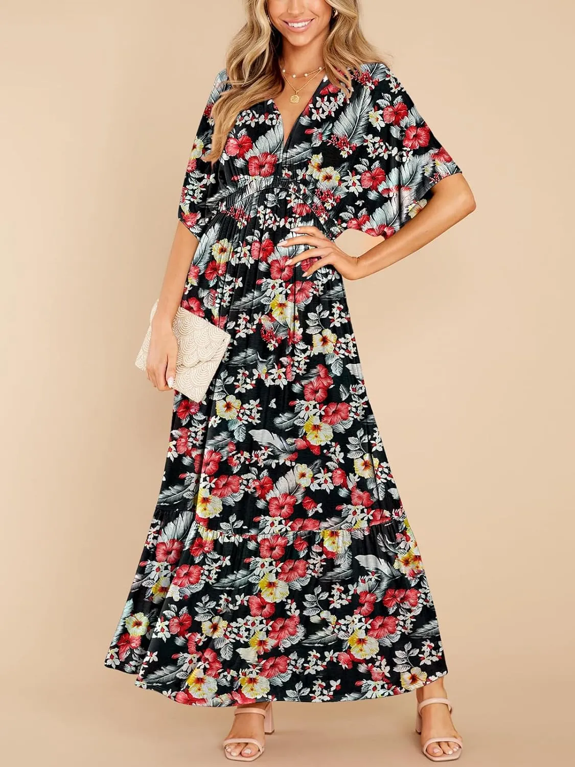 DEEP SELF Women’s Summer V Neck Batwing Short Sleeve Maxi Dress Casual Loose High Waist Flowy Long Beach Dress