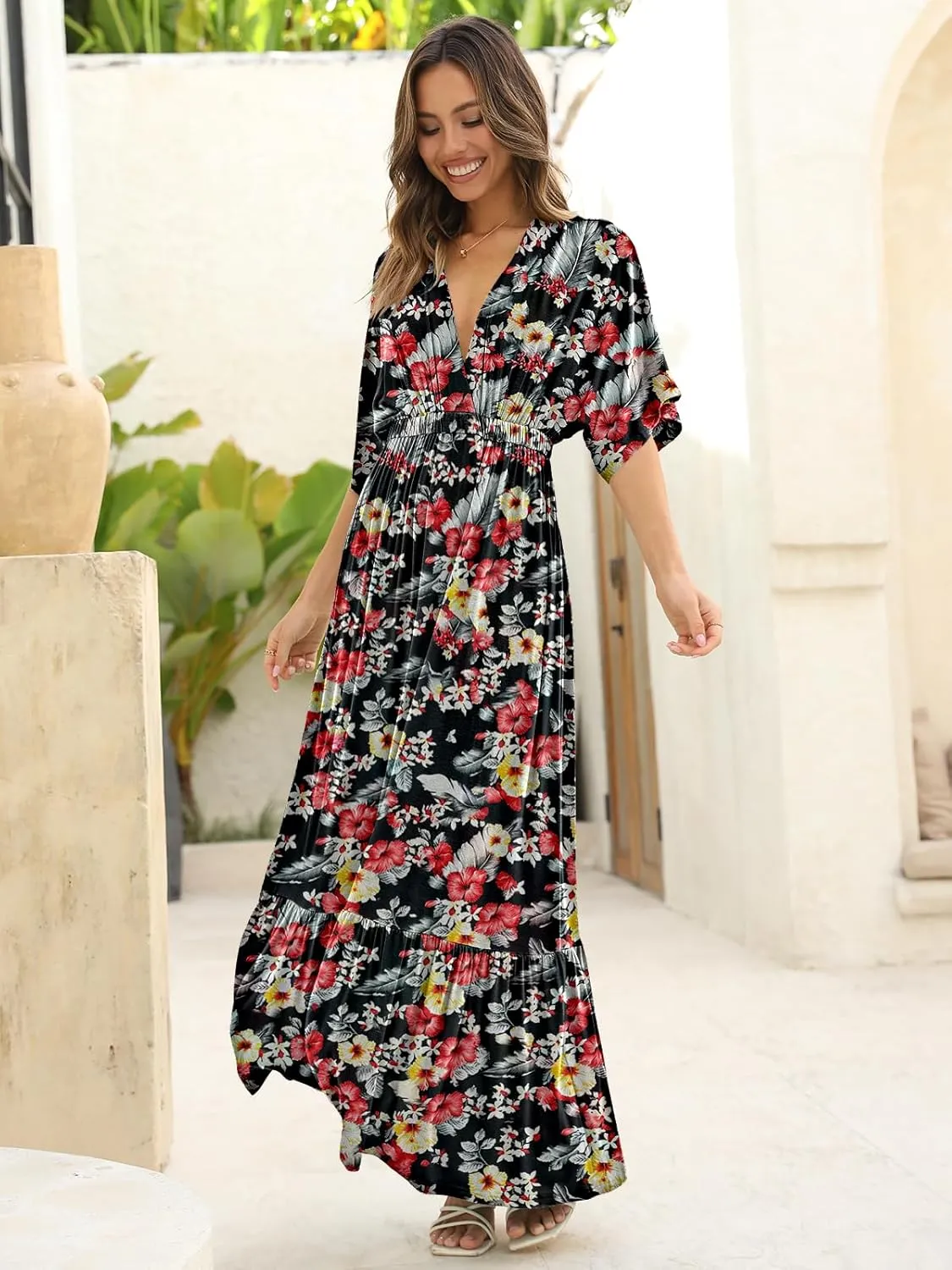 DEEP SELF Women’s Summer V Neck Batwing Short Sleeve Maxi Dress Casual Loose High Waist Flowy Long Beach Dress
