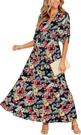 DEEP SELF Women’s Summer V Neck Batwing Short Sleeve Maxi Dress Casual Loose High Waist Flowy Long Beach Dress