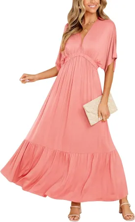 DEEP SELF Women’s Summer V Neck Batwing Short Sleeve Maxi Dress Casual Loose High Waist Flowy Long Beach Dress