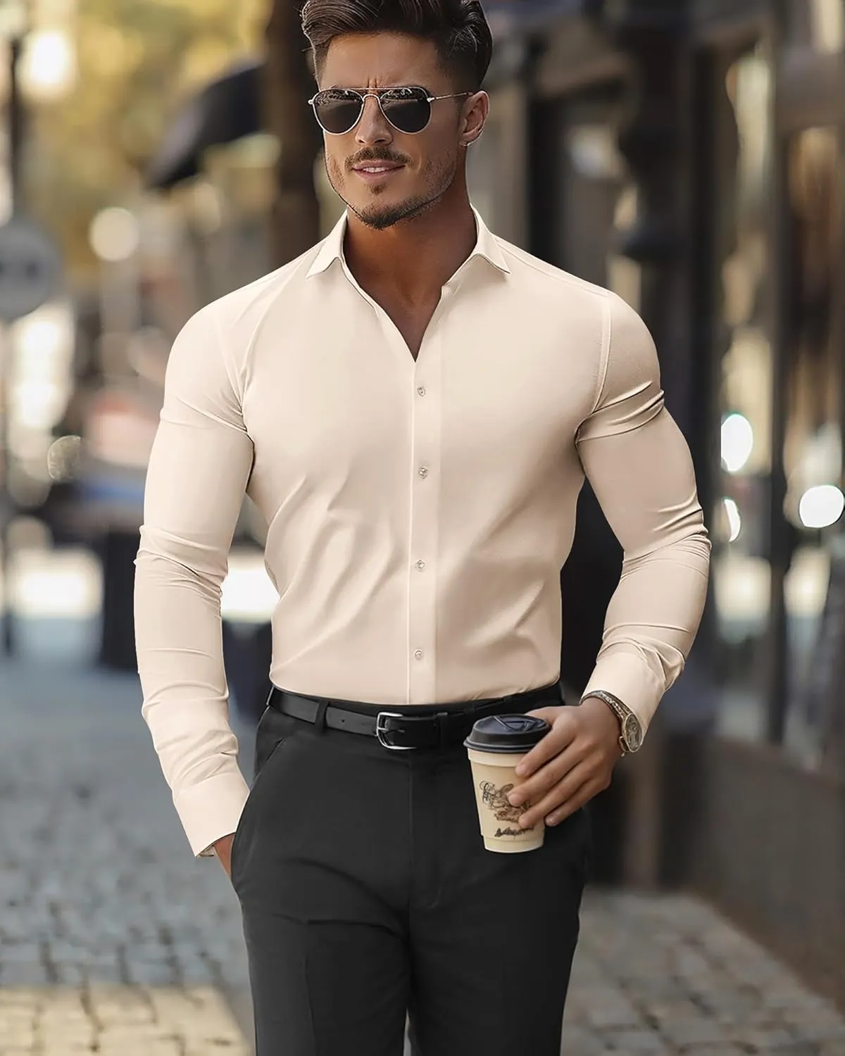 DEMEANOR Stretch Mens Dress Shirts Long Sleeve Slim Fit Dress Shirts for Men Muscle Fit Wrinkle Free Button Down Shirt