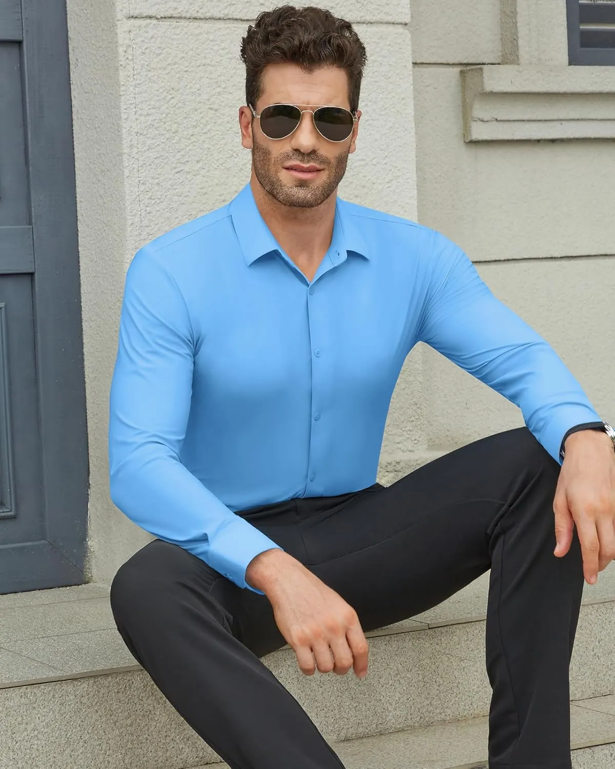 DEMEANOR Stretch Mens Dress Shirts Long Sleeve Slim Fit Dress Shirts for Men Muscle Fit Wrinkle Free Button Down Shirt