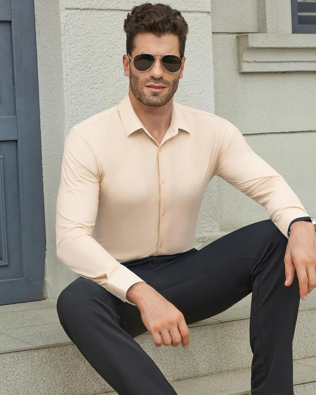 DEMEANOR Stretch Mens Dress Shirts Long Sleeve Slim Fit Dress Shirts for Men Muscle Fit Wrinkle Free Button Down Shirt