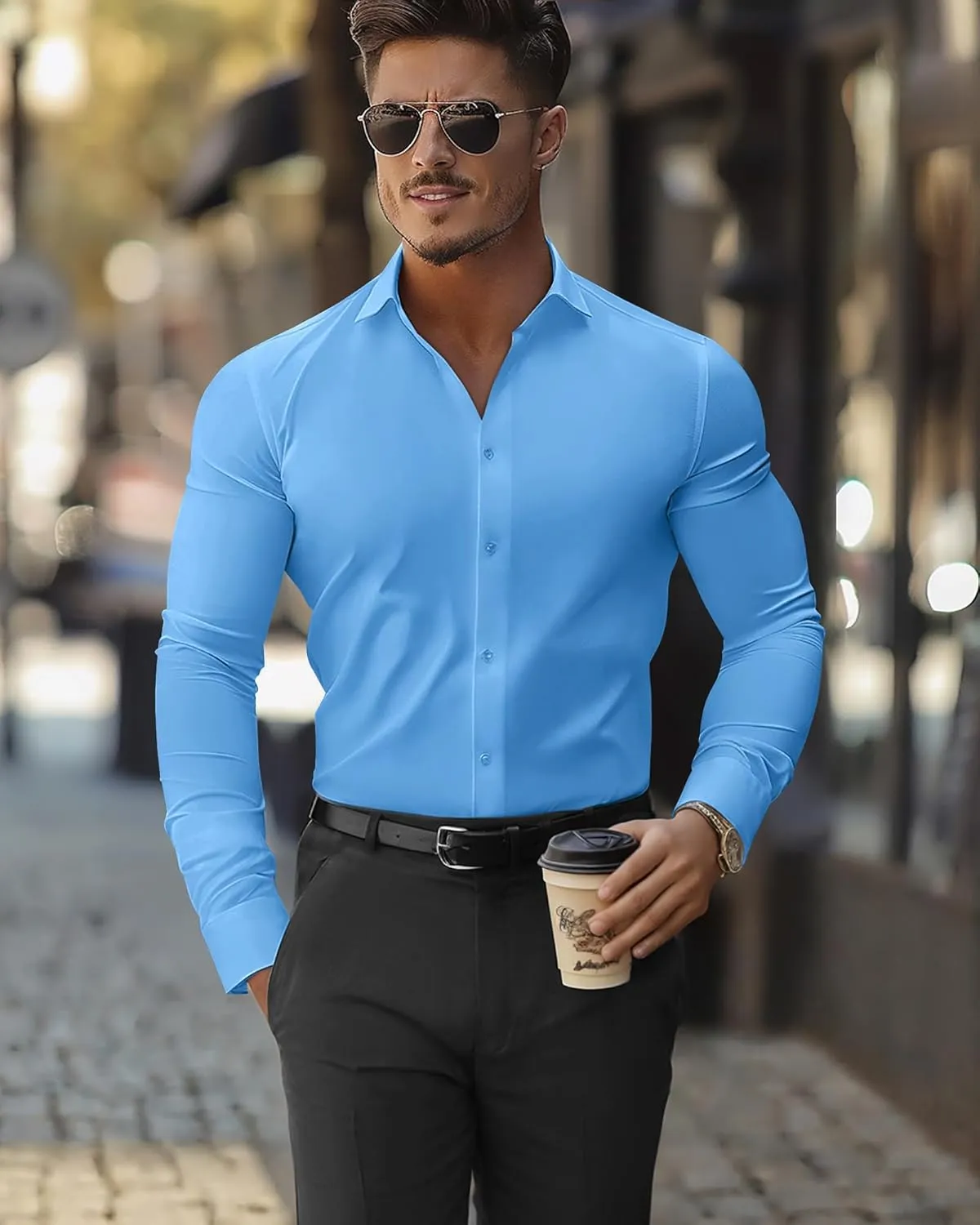 DEMEANOR Stretch Mens Dress Shirts Long Sleeve Slim Fit Dress Shirts for Men Muscle Fit Wrinkle Free Button Down Shirt