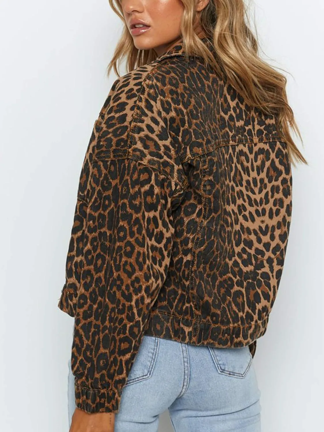 Denim Jacket for Women Leopard Print Retro Shape Button-up Front Bomber Jacket