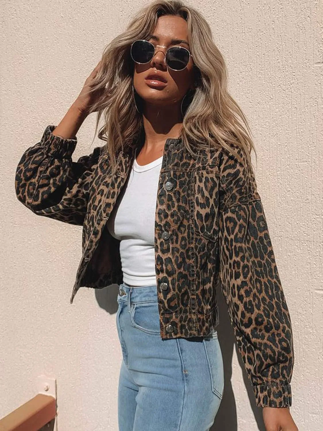Denim Jacket for Women Leopard Print Retro Shape Button-up Front Bomber Jacket