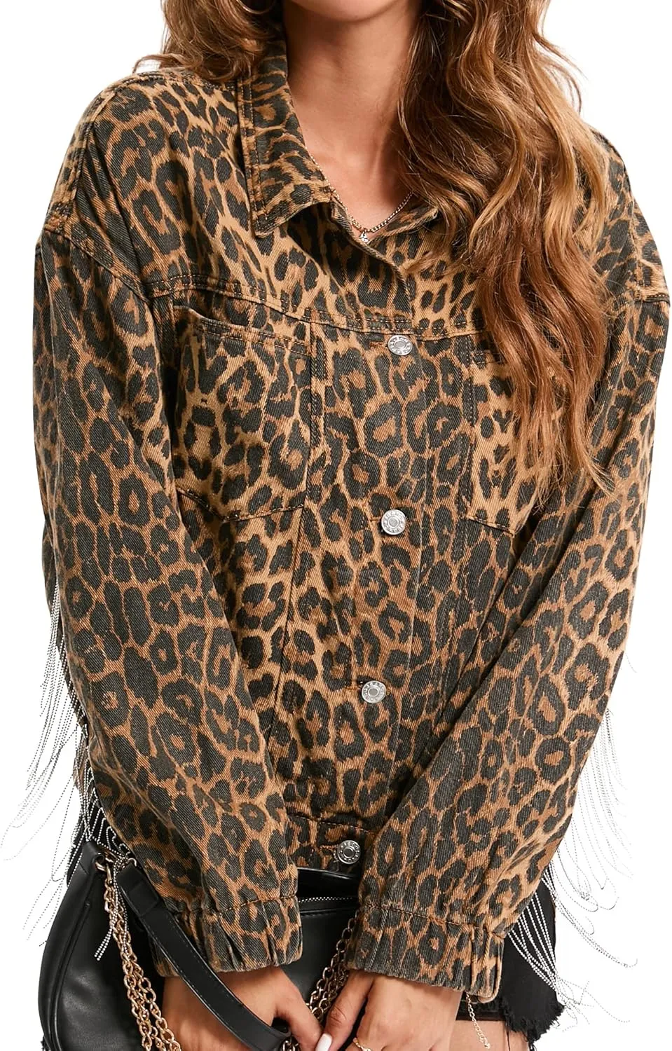 Denim Jacket for Women Leopard Print Retro Shape Button-up Front Bomber Jacket