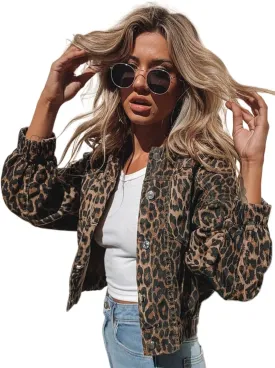 Denim Jacket for Women Leopard Print Retro Shape Button-up Front Bomber Jacket