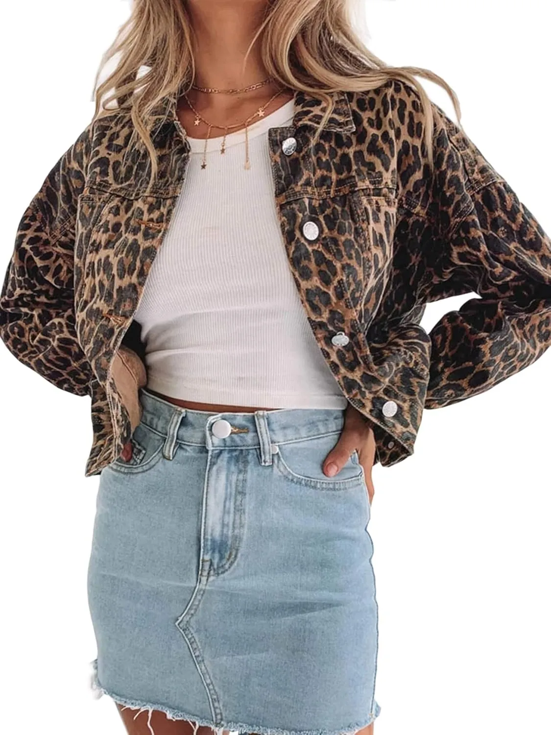 Denim Jacket for Women Leopard Print Retro Shape Button-up Front Bomber Jacket