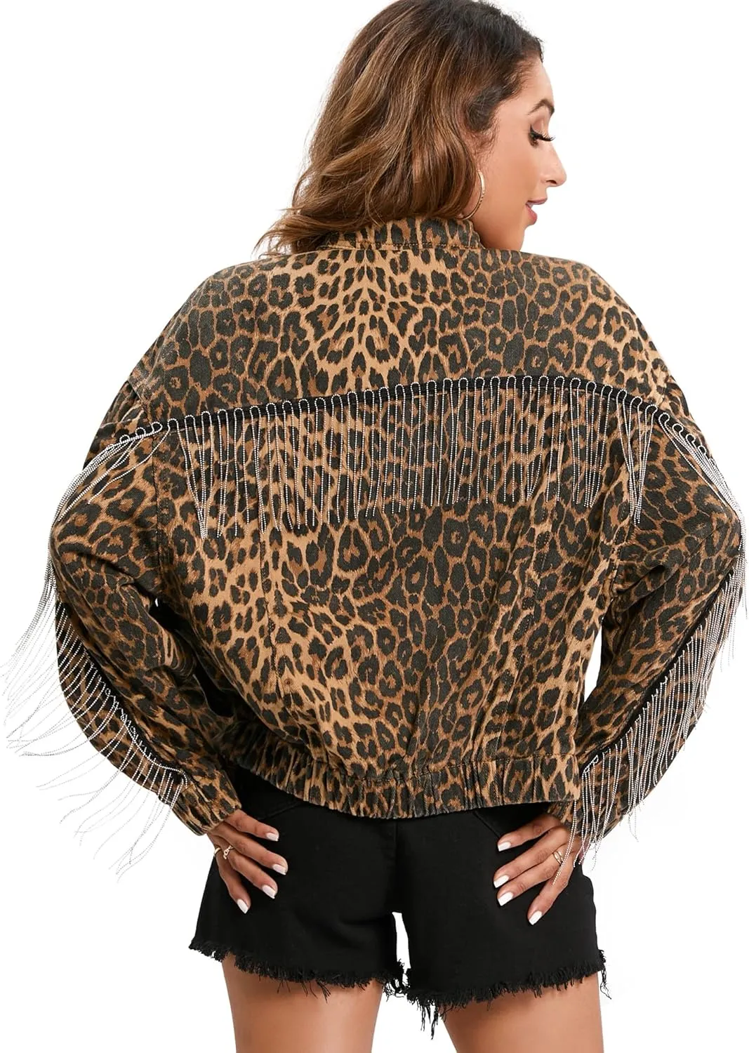 Denim Jacket for Women Leopard Print Retro Shape Button-up Front Bomber Jacket