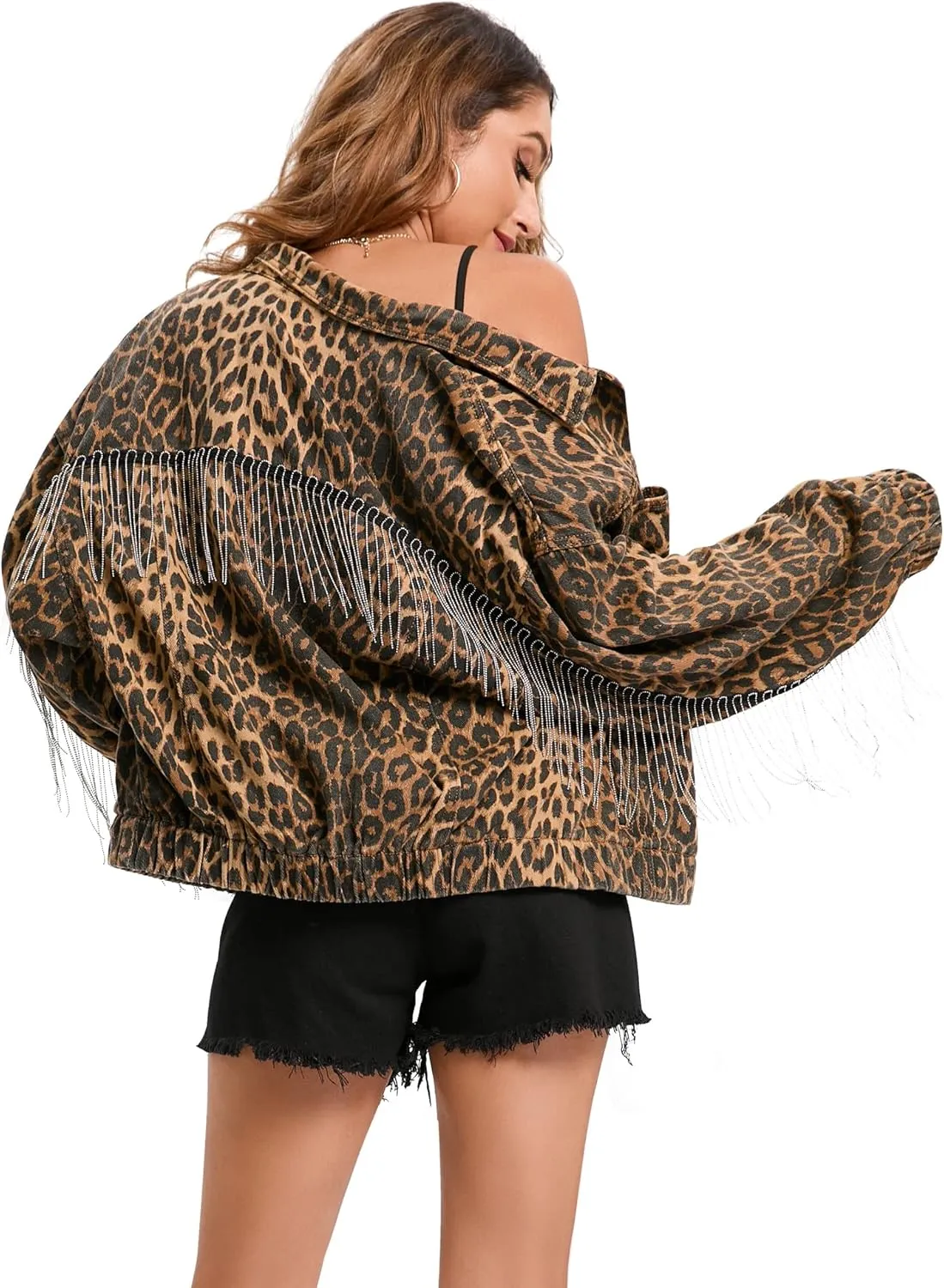 Denim Jacket for Women Leopard Print Retro Shape Button-up Front Bomber Jacket
