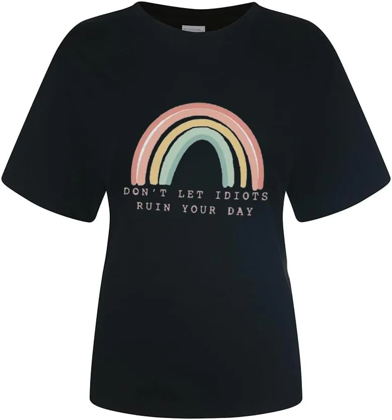 Don't LET Idiots Ruin Your Day Women Rainbow Print Round Neck Short Sleeve T-Shirt Top Fashion Casual Funny Letter Tee