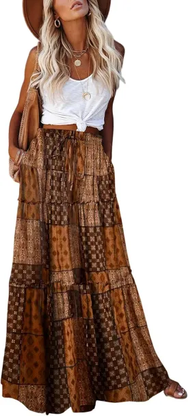 EARKOHA Womens Casual High Waist Tie Paisley Print Long Maxi Skirt with Pockets