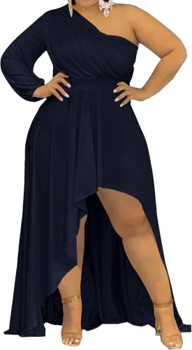 Ekaliy Women's Plus Size One Shoulder Maxi Dress Long Sleeve High Low Irregular Hem Flowy Long Party Cocktail Dress