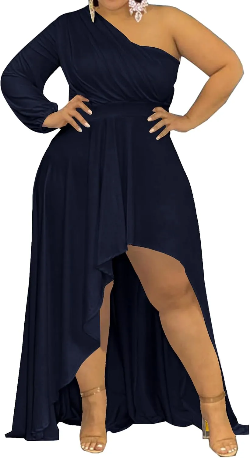 Ekaliy Women's Plus Size One Shoulder Maxi Dress Long Sleeve High Low Irregular Hem Flowy Long Party Cocktail Dress
