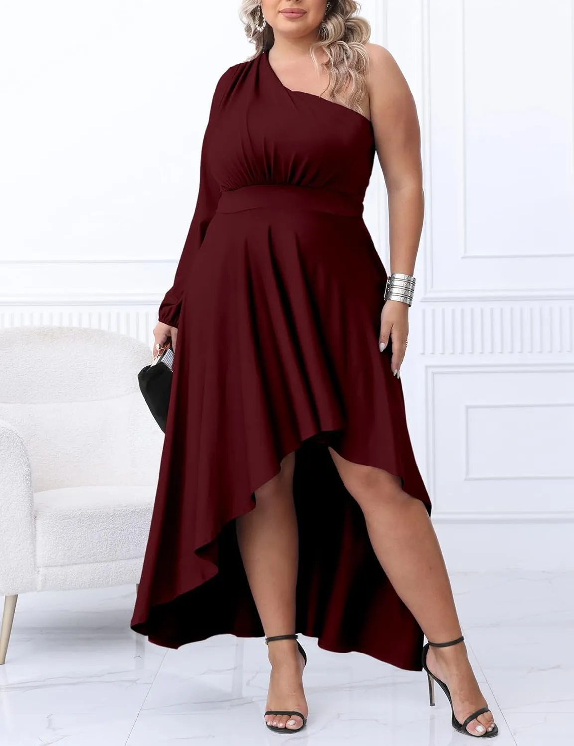 Ekaliy Women's Plus Size One Shoulder Maxi Dress Long Sleeve High Low Irregular Hem Flowy Long Party Cocktail Dress