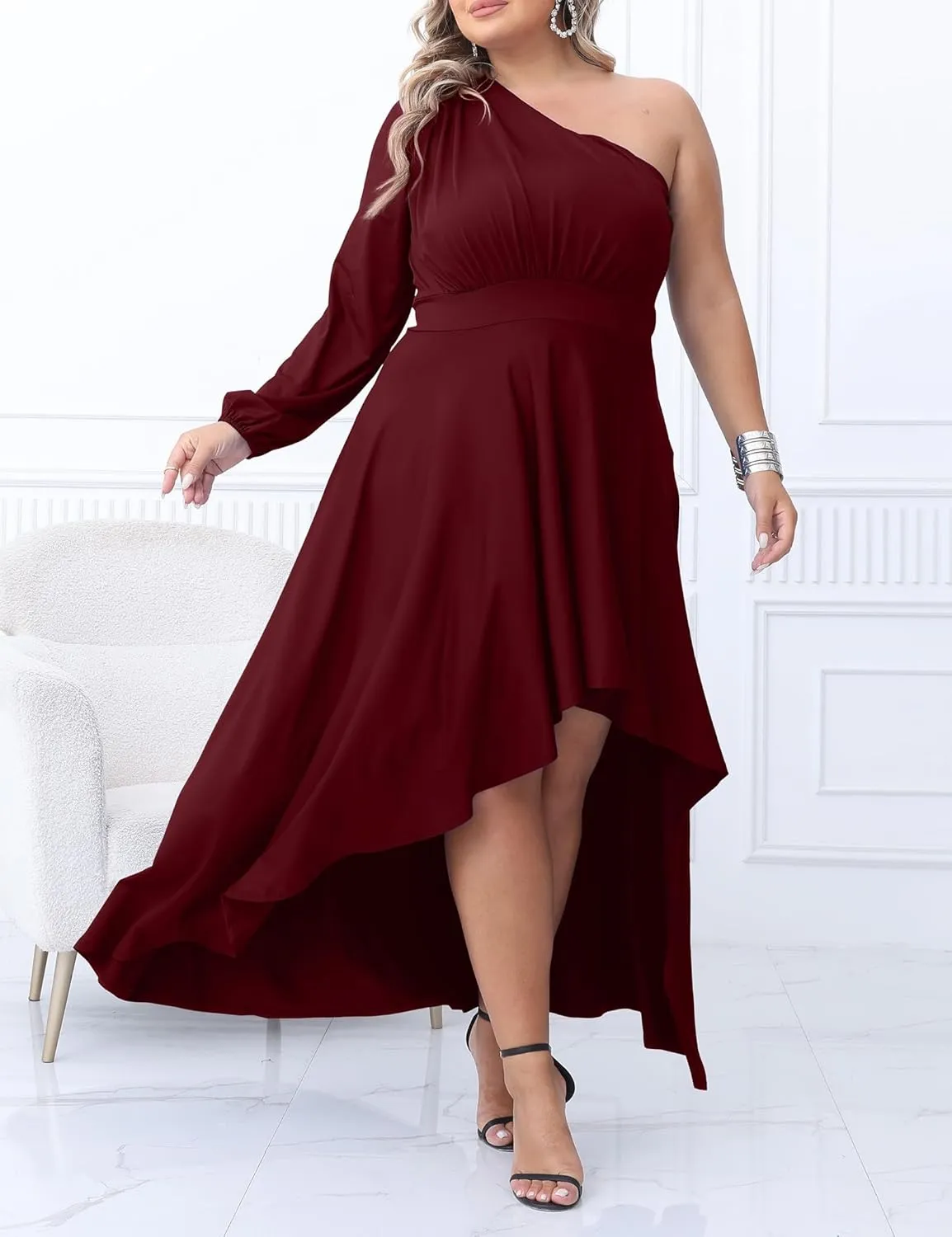 Ekaliy Women's Plus Size One Shoulder Maxi Dress Long Sleeve High Low Irregular Hem Flowy Long Party Cocktail Dress