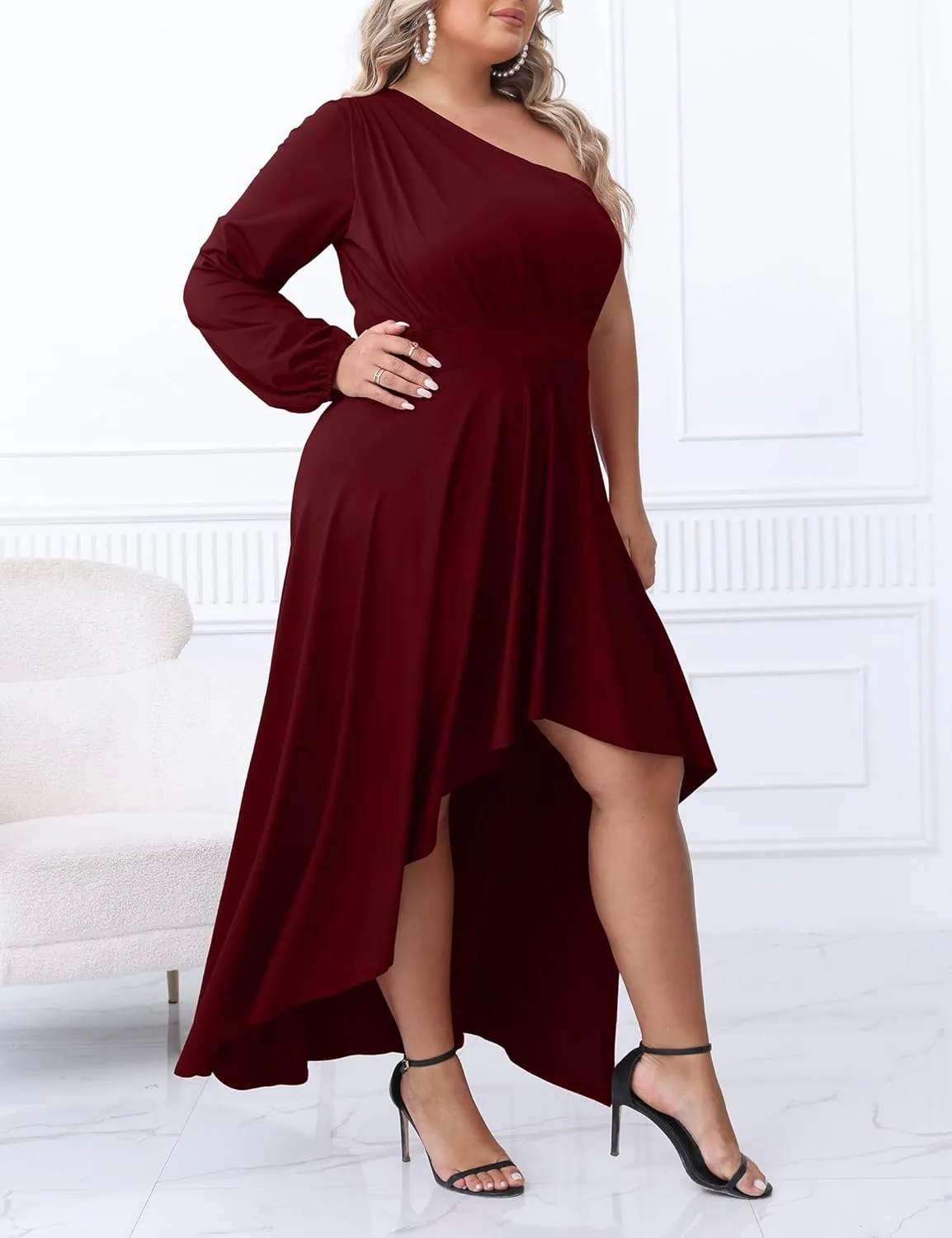 Ekaliy Women's Plus Size One Shoulder Maxi Dress Long Sleeve High Low Irregular Hem Flowy Long Party Cocktail Dress