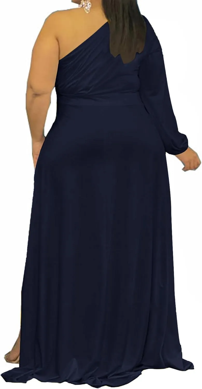 Ekaliy Women's Plus Size One Shoulder Maxi Dress Long Sleeve High Low Irregular Hem Flowy Long Party Cocktail Dress