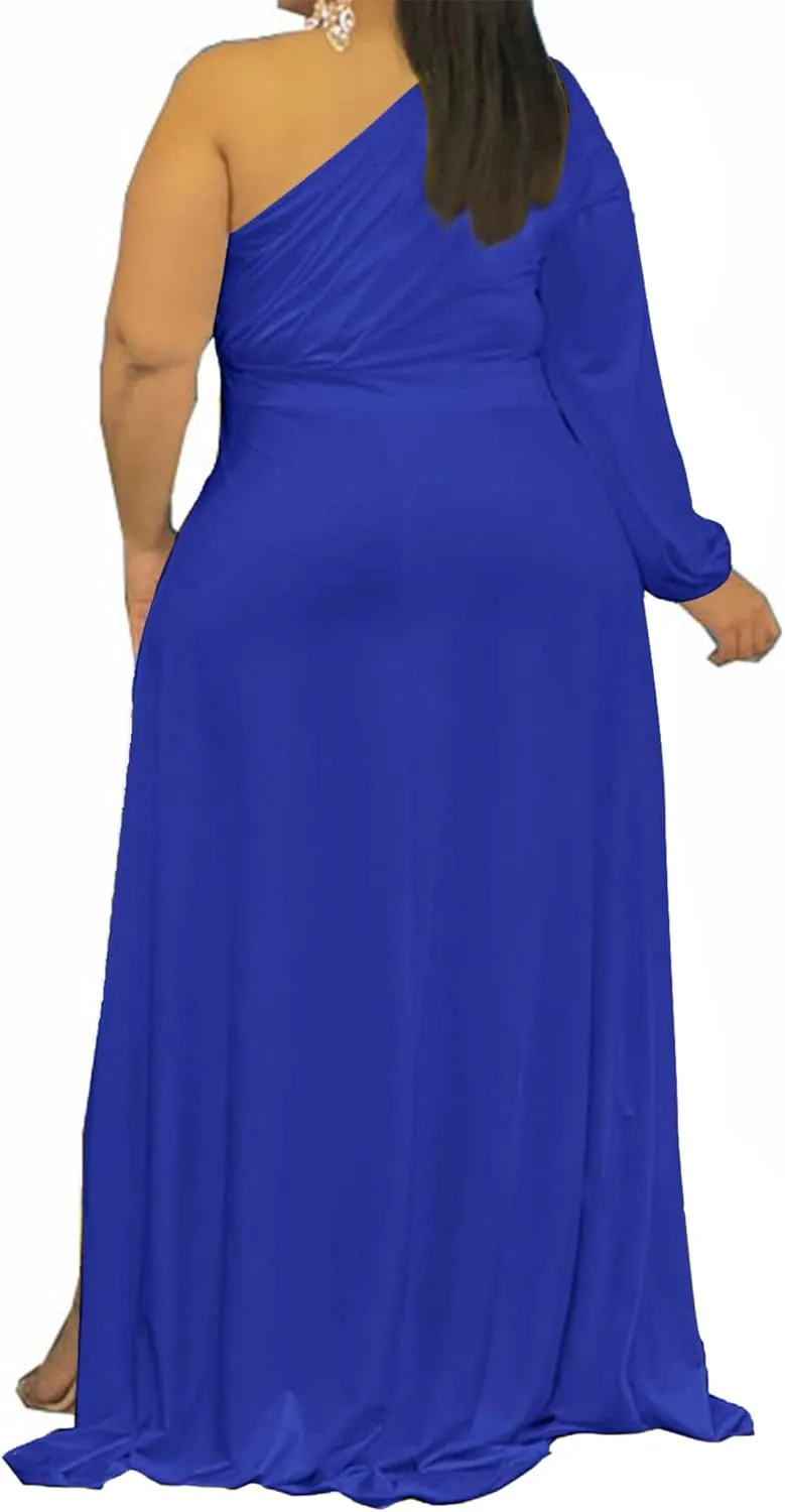 Ekaliy Women's Plus Size One Shoulder Maxi Dress Long Sleeve High Low Irregular Hem Flowy Long Party Cocktail Dress