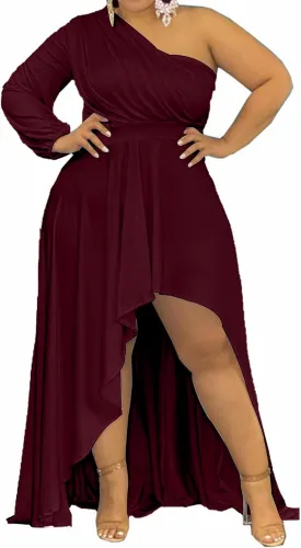 Ekaliy Women's Plus Size One Shoulder Maxi Dress Long Sleeve High Low Irregular Hem Flowy Long Party Cocktail Dress