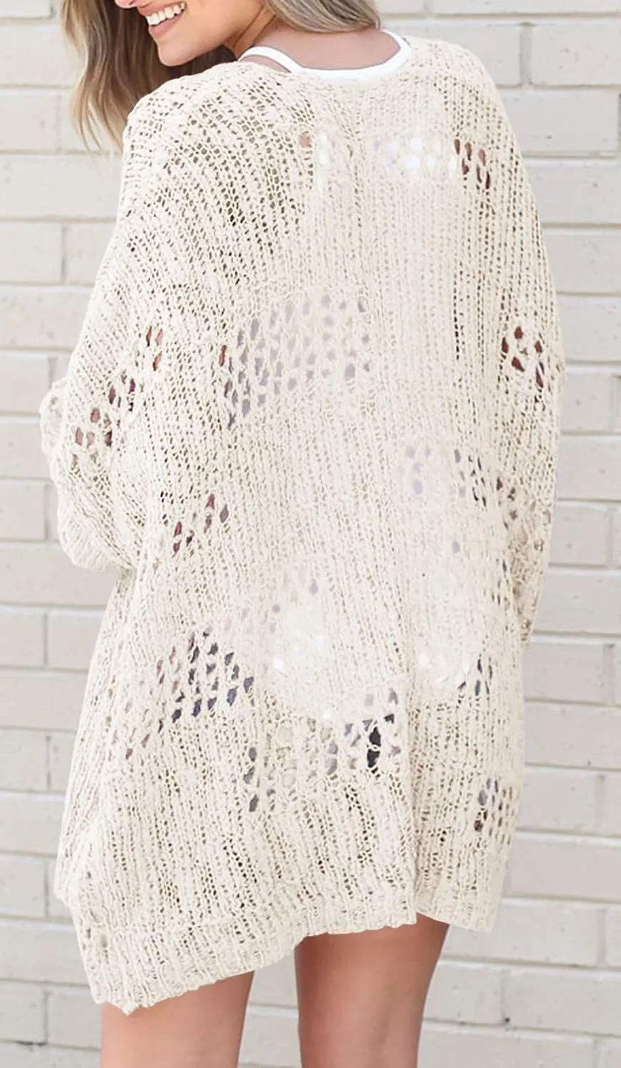 Ermonn Womens Crochet Cardigan Sweater Kimonos Boho Solid Color Oversized Fall Open Front Outwear