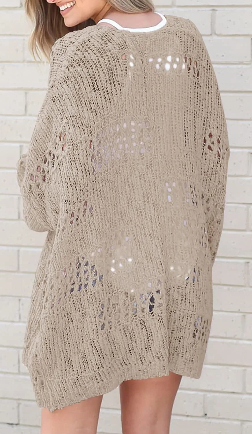 Ermonn Womens Crochet Cardigan Sweater Kimonos Boho Solid Color Oversized Fall Open Front Outwear