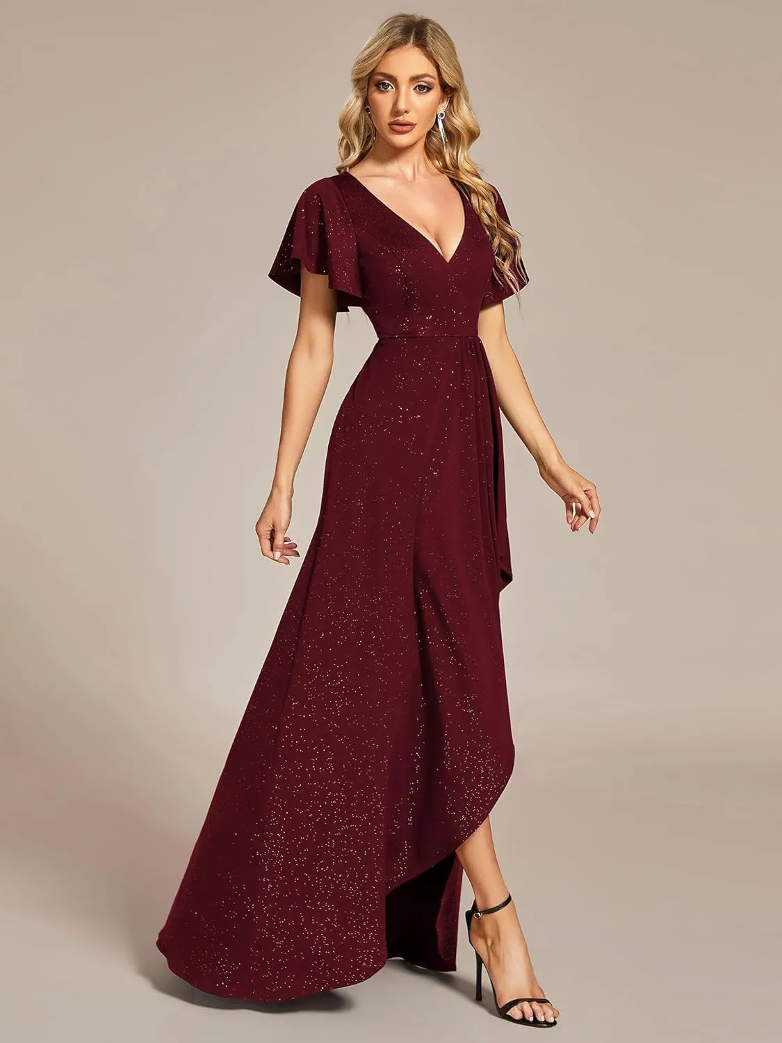 Ever-Pretty Women's Glitter High Low Ruffled Hem V-Neck Formal Dress with Sleeves 01738