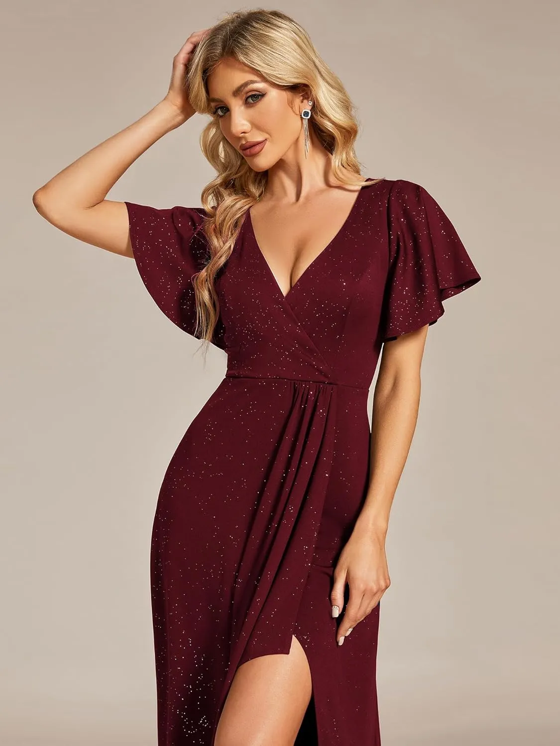 Ever-Pretty Women's Glitter High Low Ruffled Hem V-Neck Formal Dress with Sleeves 01738