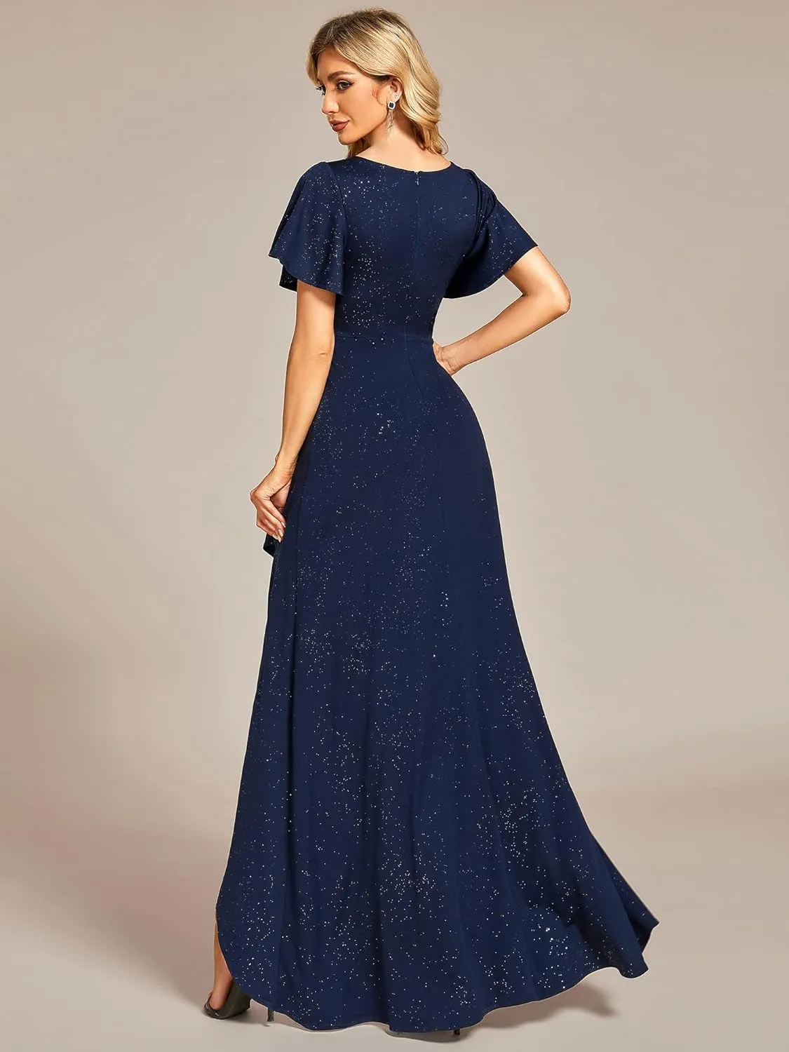 Ever-Pretty Women's Glitter High Low Ruffled Hem V-Neck Formal Dress with Sleeves 01738