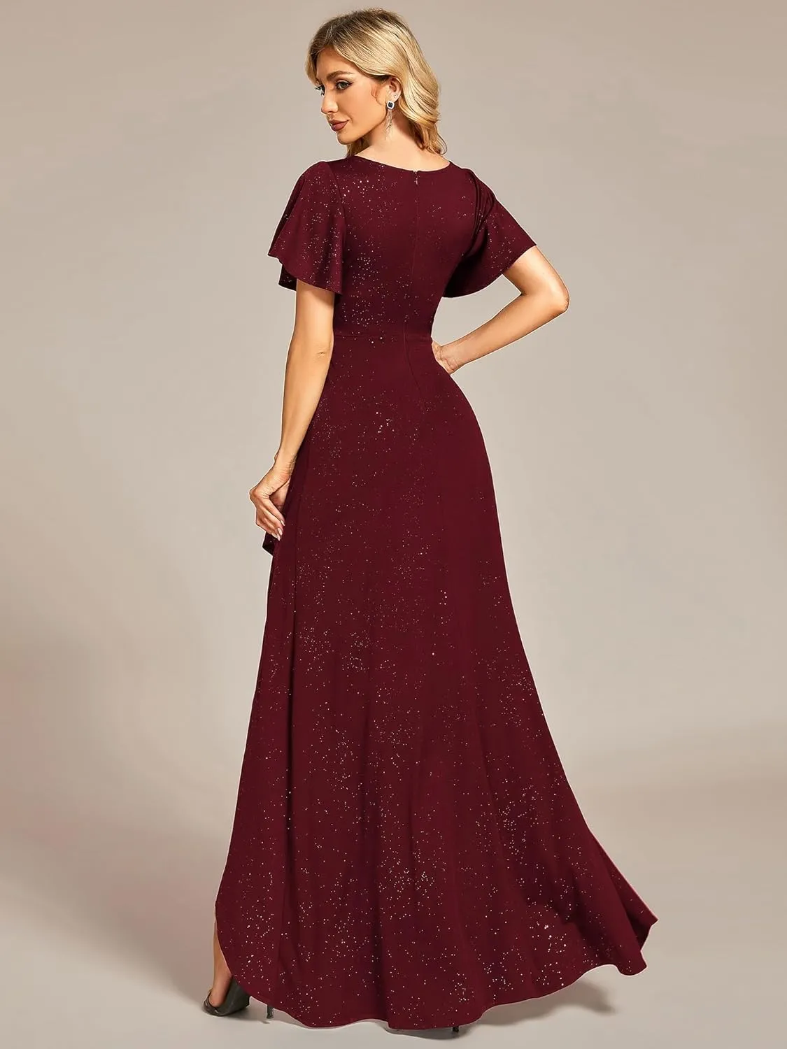 Ever-Pretty Women's Glitter High Low Ruffled Hem V-Neck Formal Dress with Sleeves 01738