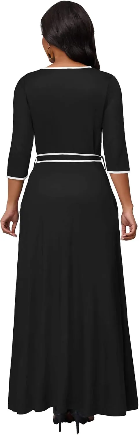 FANDEE Maxi Dress for Women 3/4 Sleeve Casual Maxi Dresses V Neck Wrap Semi-Formal Church Dress with Pocket&Belt