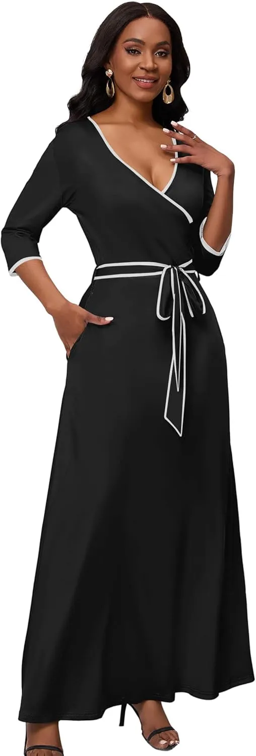 FANDEE Maxi Dress for Women 3/4 Sleeve Casual Maxi Dresses V Neck Wrap Semi-Formal Church Dress with Pocket&Belt