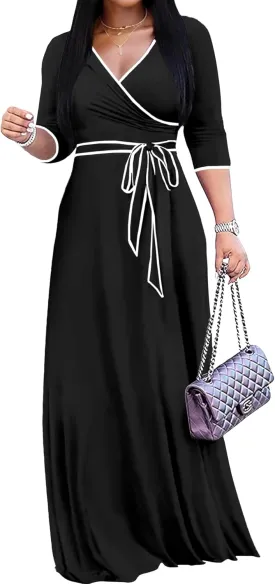 FANDEE Maxi Dress for Women 3/4 Sleeve Casual Maxi Dresses V Neck Wrap Semi-Formal Church Dress with Pocket&Belt