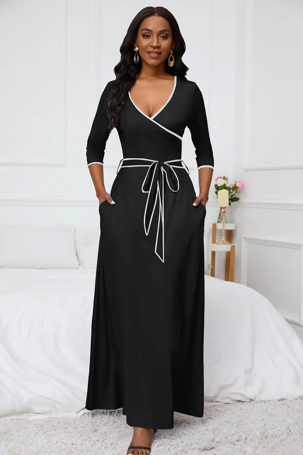 FANDEE Maxi Dress for Women 3/4 Sleeve Casual Maxi Dresses V Neck Wrap Semi-Formal Church Dress with Pocket&Belt