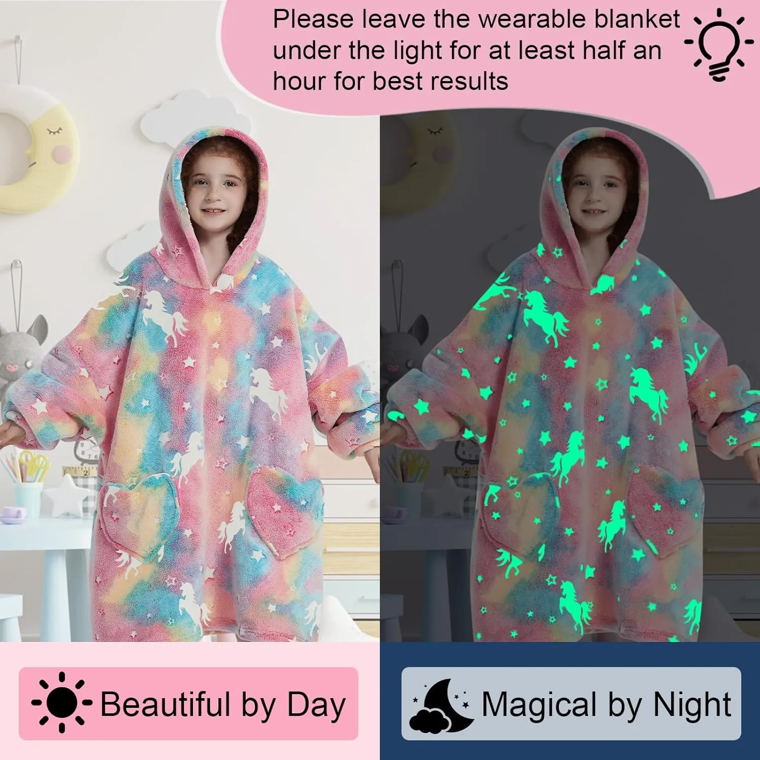 Fiosnow Glow in the Dark Unicorn Blanket Hoodies for Kids 6-13YR Oversize Wearable Blanket Hoodies for Boys Girls Teens